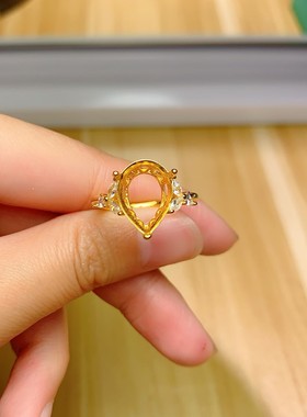 s925银戒指空托水滴 形10*14mm代镶水晶 玉石diy时尚百搭清新  m