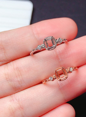 新款s925银戒指空托长方形3*4mm小清新代镶石榴石 托帕石  x