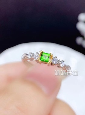 方形透辉石日韩风银戒指