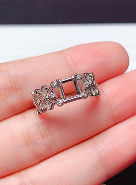 s925银戒指空托长方5*6mm时尚复古 代镶托帕石 海蓝宝  x