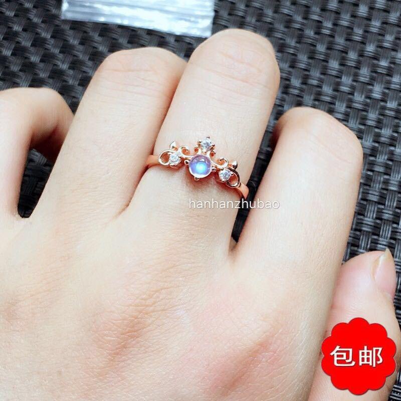 天然月光石戒指  蓝光  玻璃体  925纯银  空托 简约女款  4*4