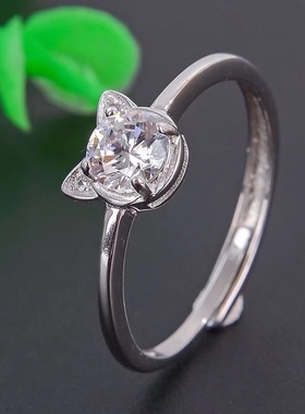 s925纯银小猫咪戒指空托简单时尚