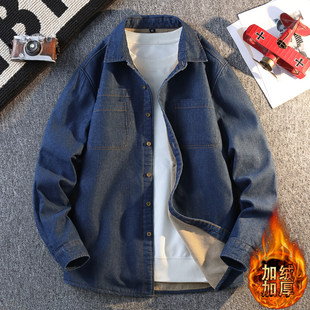 琴子家冬季新款男翻领牛仔衬衫加绒加厚休闲保暖衬衣青年时尚上衣