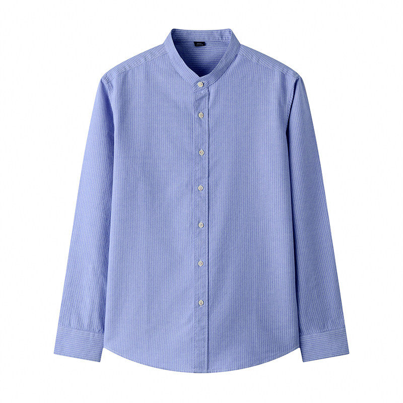 2026春装新款高端纯棉条纹休闲长袖衬衫立领衬衣男百搭简约衬衣潮