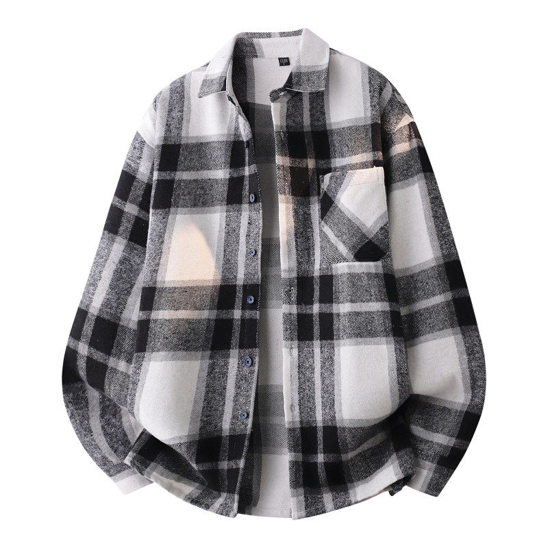 2026春装新款大格子毛呢长袖衬衫男日系潮流青年百搭叠穿休闲衬衣