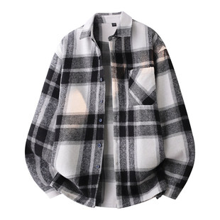 2026春装新款大格子毛呢长袖衬衫男日系潮流青年百搭叠穿休闲衬衣