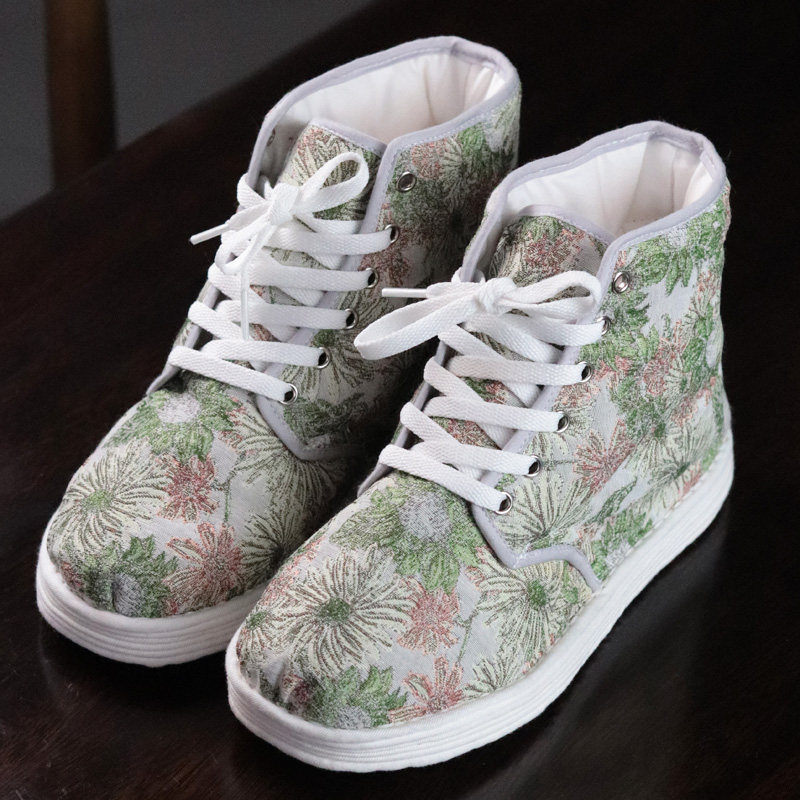 纯手工千层底女棉鞋高帮系带 冬季加厚棉花保暖 提花布女士棉靴子