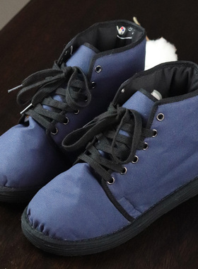 纯手工纳底棉花布鞋男 女 冬加厚保暖高帮系带深蓝色传统棉布靴子