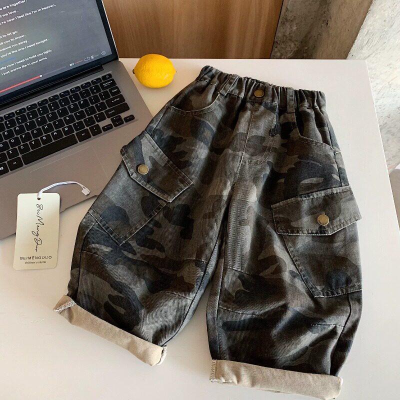 韩版专柜儿童长裤春秋男女童潮酷迷彩休闲裤宝宝口袋工装裤阔腿裤