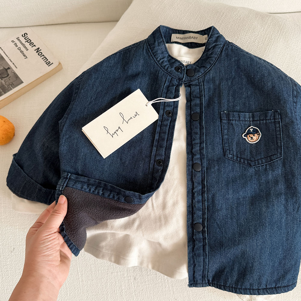 韩版专柜儿童牛仔外套加绒冬新款男女童卡通衬衣宝宝纯色衬衫棉服