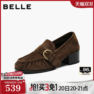 增高5CM百丽粗高跟羊皮乐福鞋女鞋2027春新款法式单鞋B3523AA7