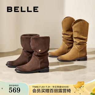 百麗西部牛仔靴女靴子新款 長(zhǎng)筒堆堆靴顯瘦高長(zhǎng)靴3QFB1DG4 冬季