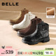 百丽复古时装 加绒雪地靴显瘦粗高跟短靴E5S1DDD5 超软羊皮靴新款