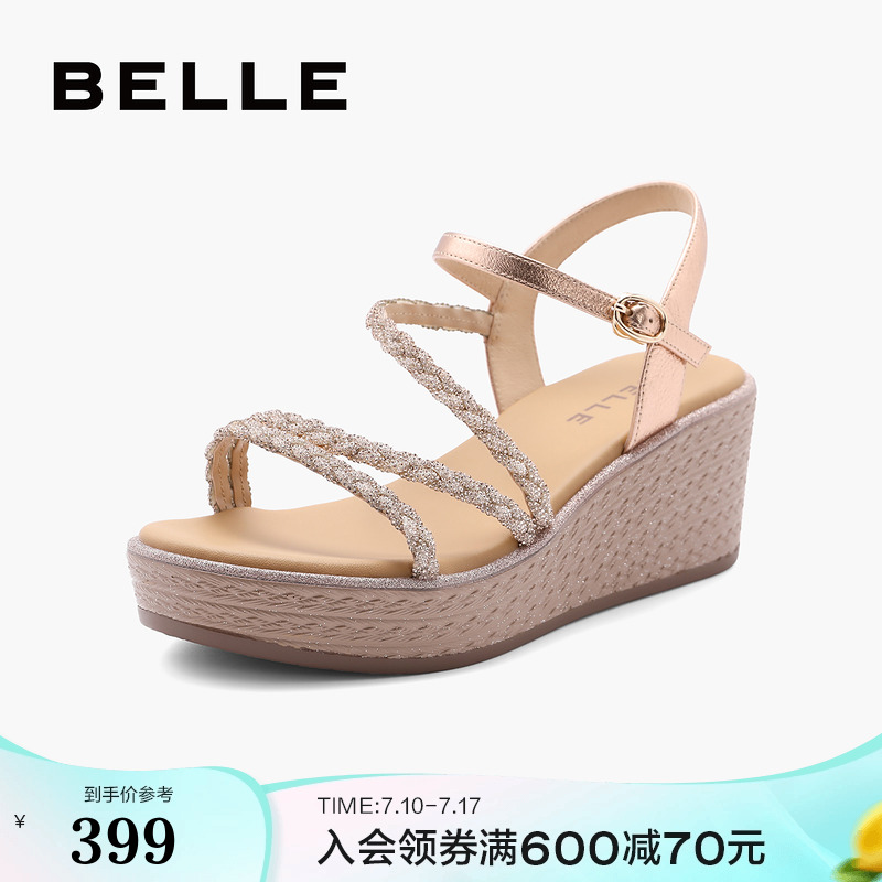 百丽女鞋子厚底坡跟运动凉鞋夏季新款水钻罗马凉鞋子A9R1DBL4