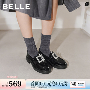 百丽璀璨乐福鞋厚底新款女鞋真皮方扣闪钻黑色小皮单鞋B3085AM6