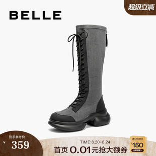 冬季 百丽厚底运动长筒靴子女新款 英伦风骑士靴弹力瘦瘦靴B8C1DDG4