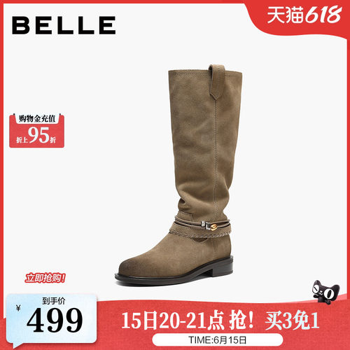 百丽复古堆堆靴西部靴女冬季新款巴恩风高长筒靴子F2S1DDG5