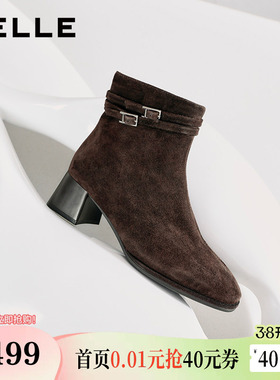 百丽双子星绒面羊皮显瘦超软时装靴子女鞋冬新款高跟短靴E5X1DDD5