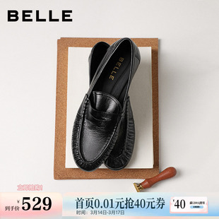 百丽褶皱乐福鞋女26春季新款真皮黑色小皮鞋豆豆单鞋子F3S1DAA6预