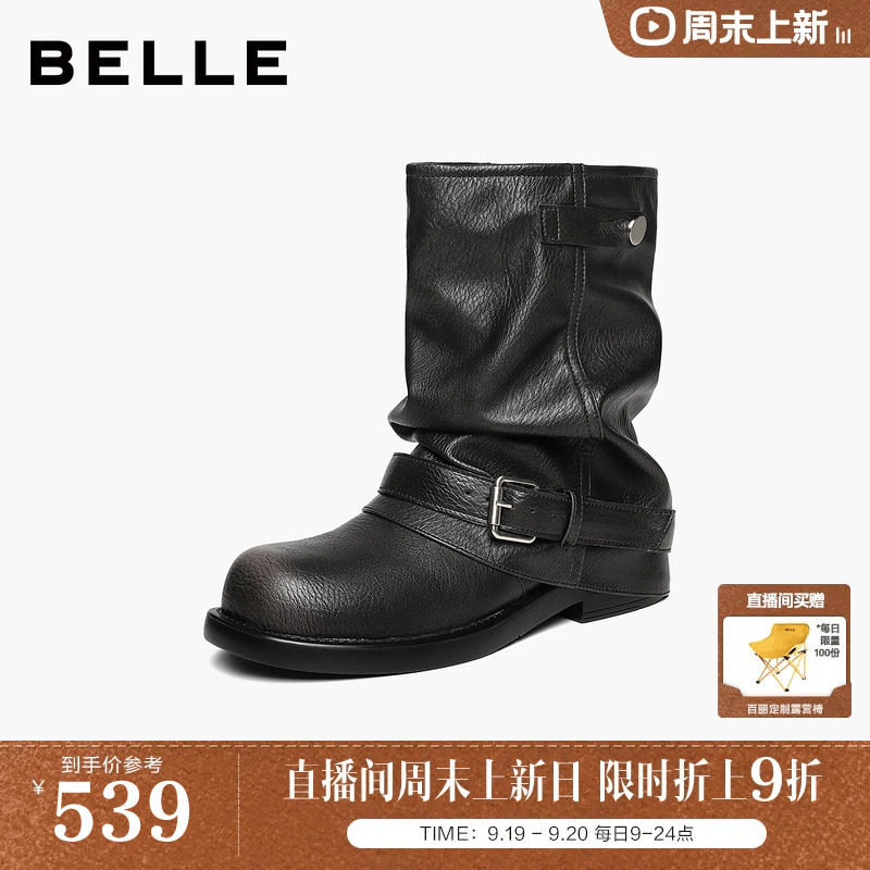 百丽堆堆西部裤管靴子黑色女2026冬季新款圆头厚底小短筒靴B3491D图片