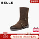 百丽复古反绒面中筒靴显瘦时装 靴女鞋 美拉德粗跟西部靴3QF65DG5