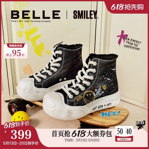 百丽SMILEY联名流浪玩家高帮帆布鞋子面包板鞋3ZJC5C