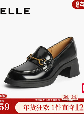 百丽女鞋子英伦通勤单鞋黑色小皮鞋马衔扣粗高跟乐福鞋3A625CA4