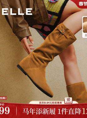 百丽女靴子复古西部靴堆堆靴加绒保暖冬季新款内增高筒靴E5Y1DDG5