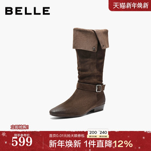 百丽复古西部牛仔靴时装 靴25秋冬堆堆靴宽筒围长筒靴子BFB71DG5