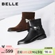百丽女靴真皮通勤时装 粗跟瘦瘦靴绒面中筒短靴3QF48DD5 靴冬新款
