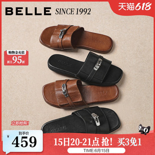 【92系列】百丽马皮一字拖女26夏季新款可外穿沙滩拖鞋子H8036