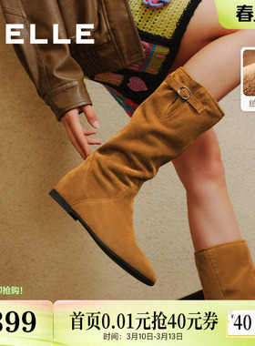 百丽女靴子复古西部靴堆堆靴加绒保暖冬季新款内增高筒靴E5Y1DDG5