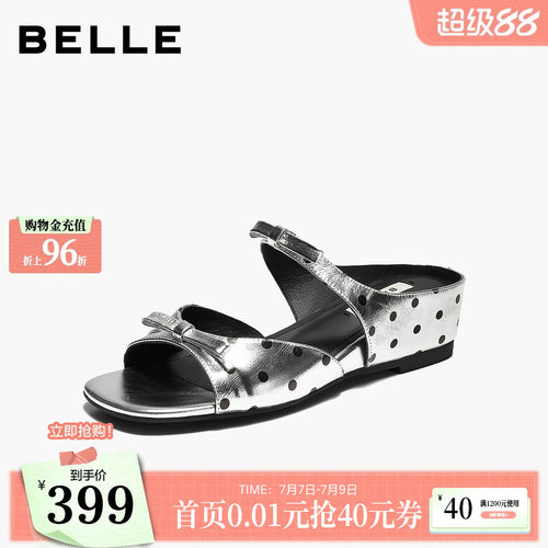 百丽真皮法式蝴蝶结波点鞋内增高一字拖鞋新款高跟拖鞋B3189BT6