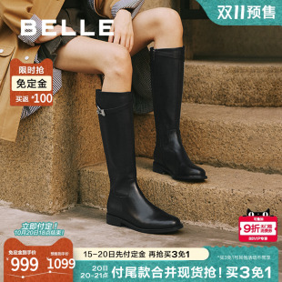 新款 百丽高长骑士靴女冬季 加绒真皮显瘦瘦长筒靴子 双11预售