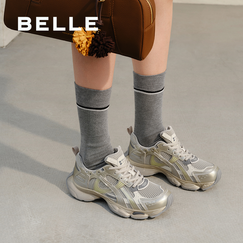 百丽女鞋快乐星球厚底银色老爹鞋运动休闲鞋子