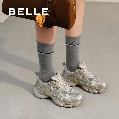 百丽女鞋快乐星球厚底银色老爹鞋运动休闲鞋子