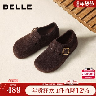 百丽复古厚底全麦吐司勃肯鞋女冬季毛毛加绒棉鞋雪地靴E1H2DDM5