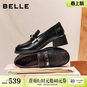 深口单鞋 百丽复古粗高跟乐福鞋 黑色小皮鞋 新款 F2H1DAA6 女26春季