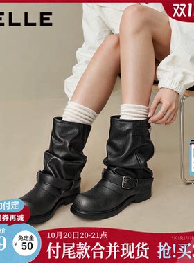 双11预售百丽堆堆西部裤管靴子黑色26冬季新款圆头厚底小皮短筒靴