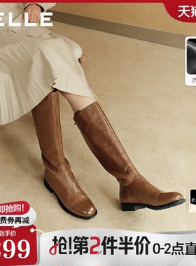 百丽水洗牛皮方跟骑士长筒靴女2026冬季新款显瘦瘦高长靴子G2J2D