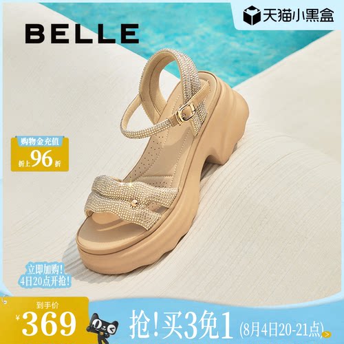 百丽厚底增高一字带凉鞋夏新款妈妈女法式休闲凉鞋D7Z2DBL5