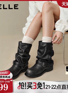 百丽堆堆西部裤管靴子黑色女26冬季新款圆头厚底小皮短筒靴B3491D
