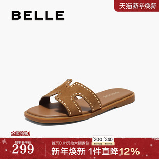 真皮沙滩可外穿拖鞋 新款 B2612BT5 子平底一字拖2025夏季 百丽女鞋