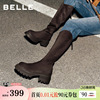 杨天真明星同款百丽女靴子冬季加绒长筒粗高跟厚底高长靴B9U1DDG4