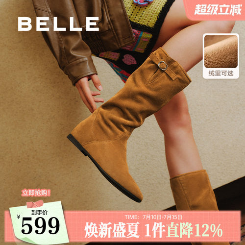 百丽女靴子复古西部靴堆堆靴加绒保暖冬季新款内增高筒靴E5Y1DDG5