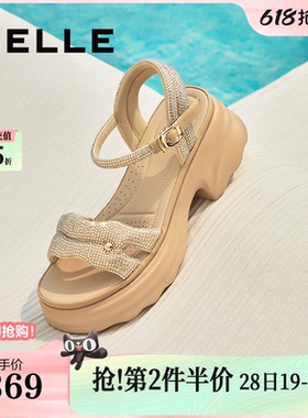 百丽厚底增高一字带凉鞋夏新款妈妈女法式休闲凉鞋D7Z2DBL5