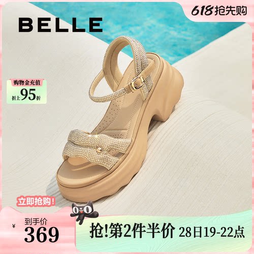 百丽厚底增高一字带凉鞋夏新款妈妈女法式休闲凉鞋D7Z2DBL5