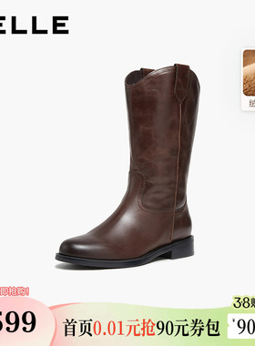 百丽真皮加绒时装西部靴女鞋冬季新款牛皮中筒瘦瘦靴子3QFD1DS5