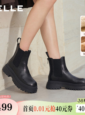 百丽女鞋子厚底增高切尔西靴冬款加绒保暖棉鞋烟筒短靴E7R1DDD5