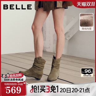 内增高4CM百丽加绒西部靴女2026冬新款显瘦堆堆美拉德短靴子G4G1D